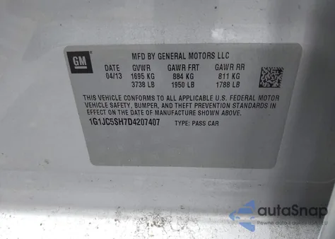 2013 Chevrolet Sonic Lt Auto z USA, uszkodzony, nr VIN 1G1JC5SH7D4207407